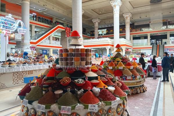 The Mehrgon traditional market is located in a large, old Soviet building where vendors work 7 days a week.