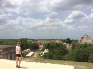 Kate in Mexico, visiting the Uxmal ruins in the Yucatan.